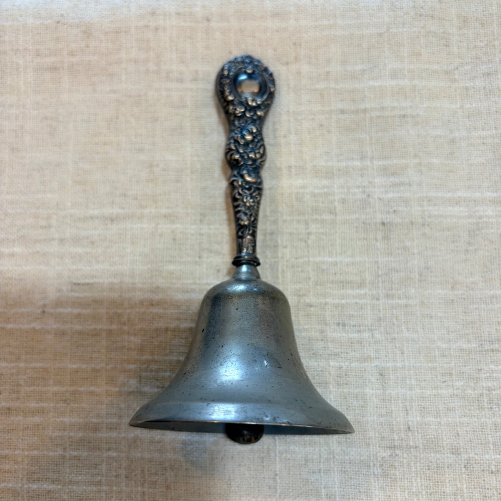 Vintage Ornate Floral Repousse Silver Tone Hand Bell Victorian Style 4.75"